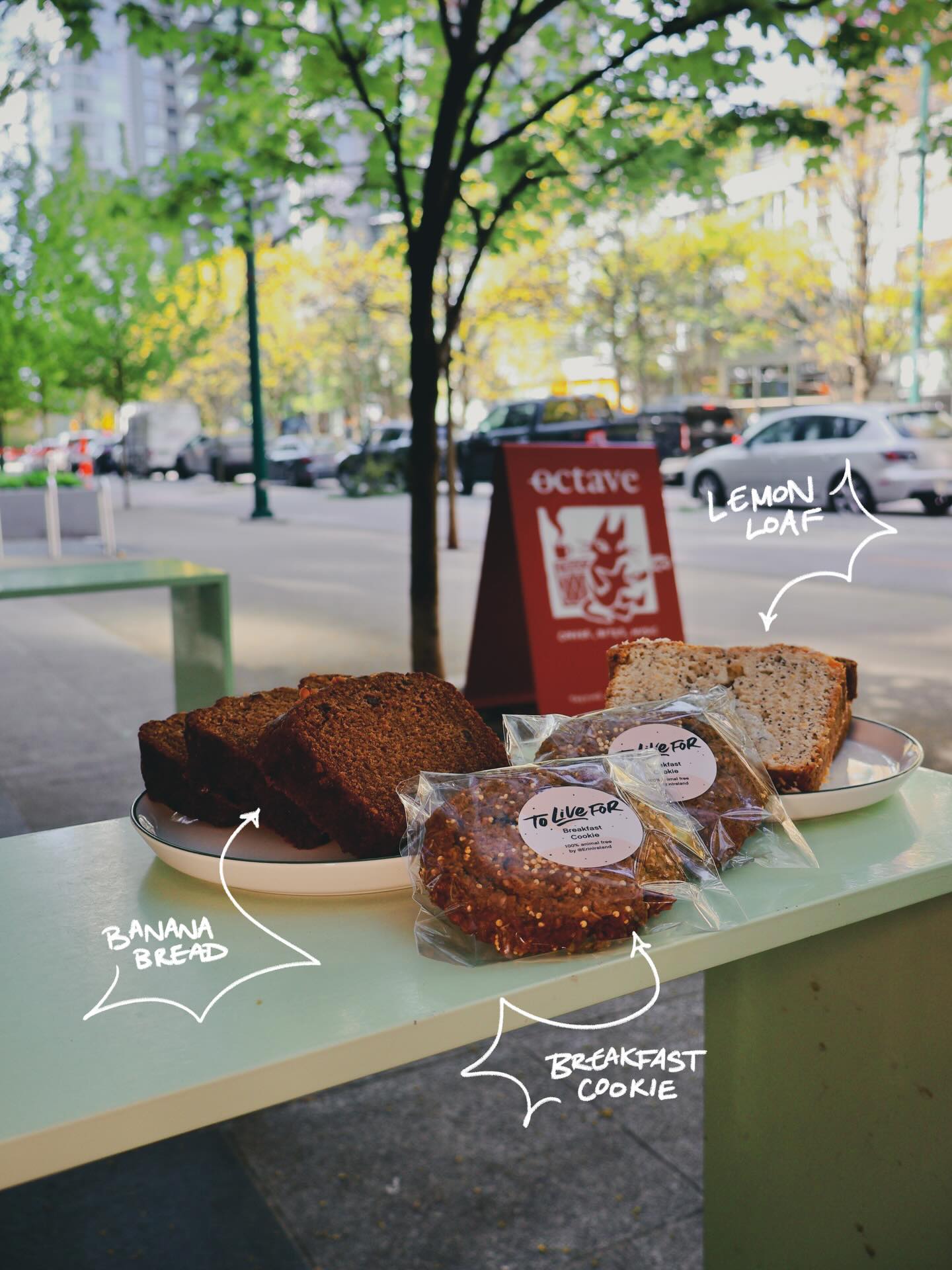 Banana bread, lemon loaf and breakfast cookies on the patio bench
