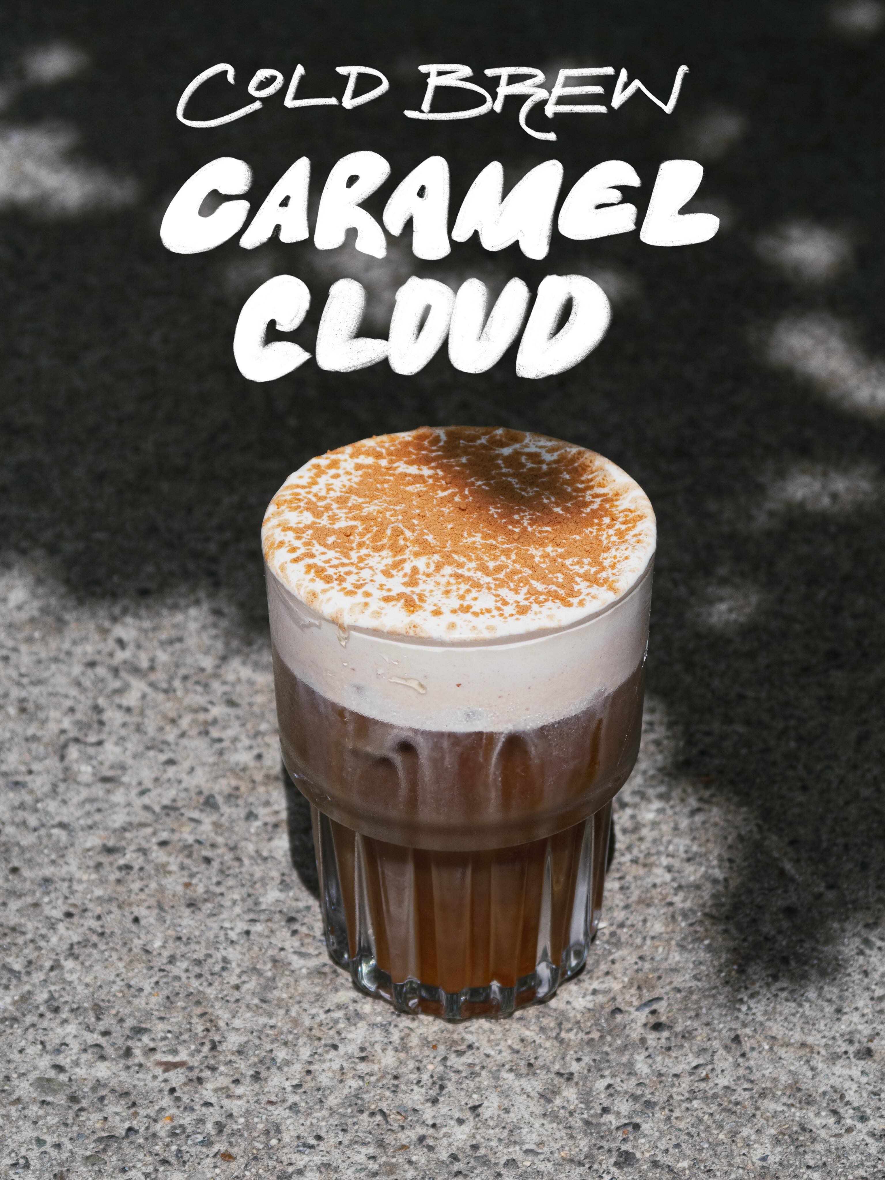 Cold brew caramel cloud with cinnamon dusting