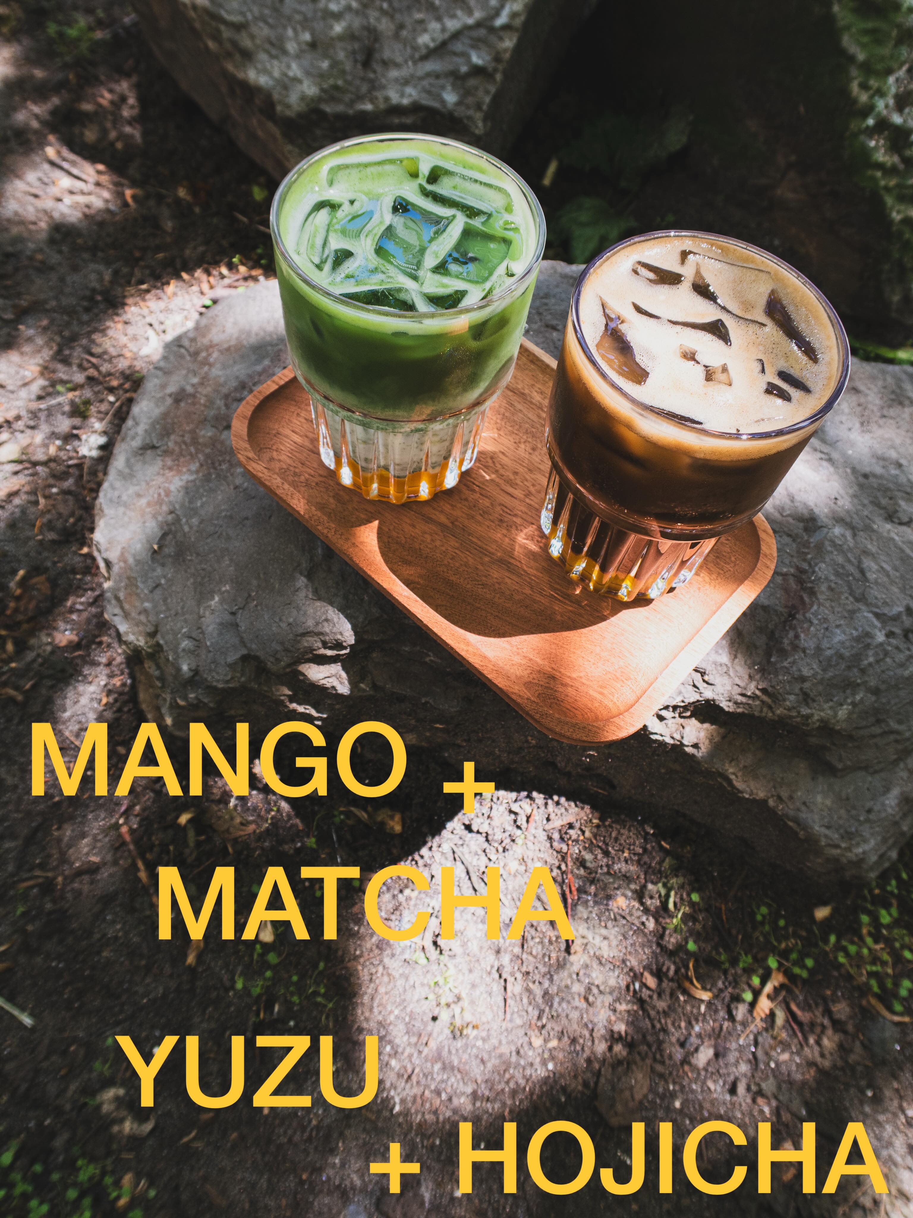 Iced mango matcha and yuzu hojicha on a wooden tray